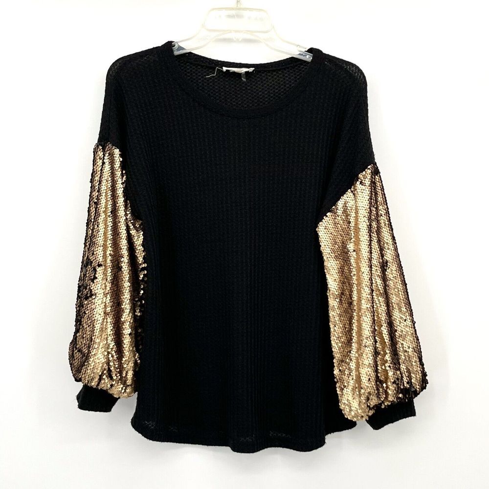Anthropologie Entro Sequin Sleeve Top Size Small Black Gold Waffle Knit Blouse